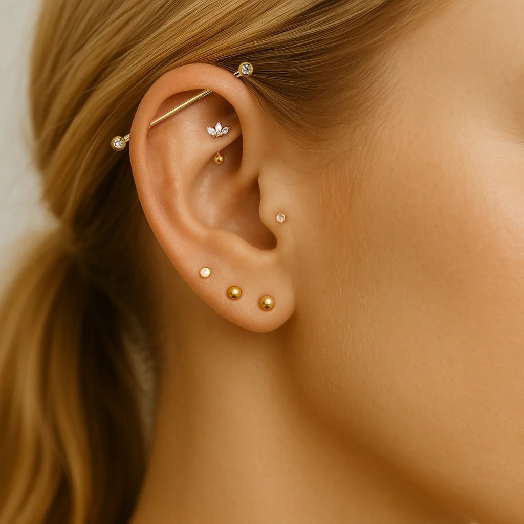 ear with industrial, rook, lobe, and tragus piercings