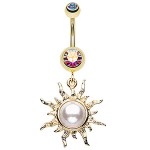 AB CZ & Faux Pearl Golden Blazing Sun Surgical Steel Dangle Belly Ring