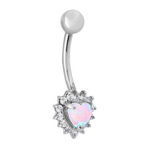 Opal Heart with Cubic Zirconia Outline 14K White Gold Belly Button Ring