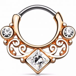 Lace Swirl CZ Rose Gold Tone Surgical Steel Septum Clicker - 16G