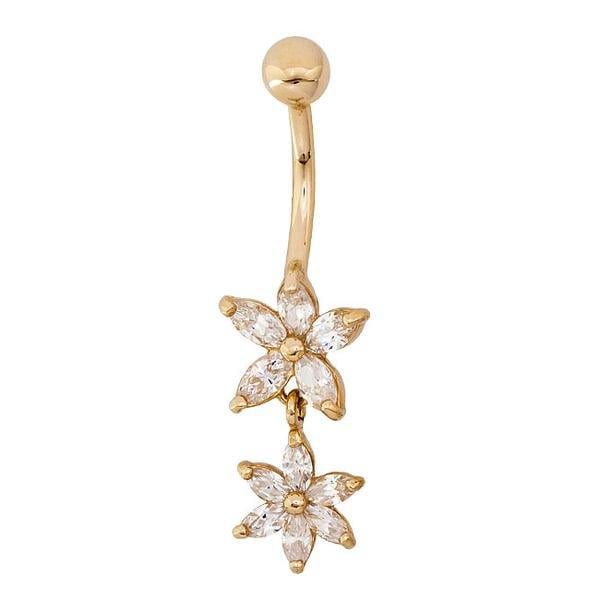 Fresh Trends Cubic Zirconia Double Flowers Dangle Belly Button Ring