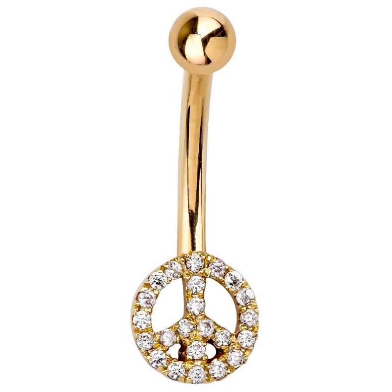 Peace Sign Pave 14K Gold Belly Button Navel Ring