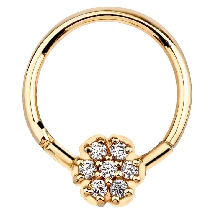 Diamond Pave Flower 14K Gold Hinged Clicker Ring
