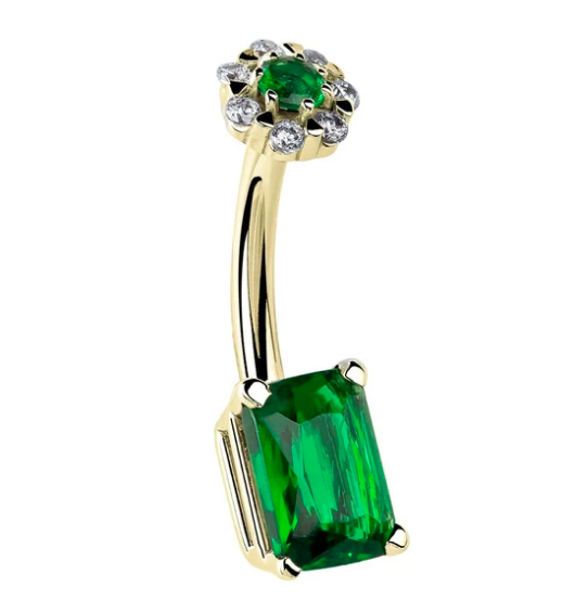 Emerald Cut Cubic Zirconia & Flower Cluster 14K Gold Belly Ring