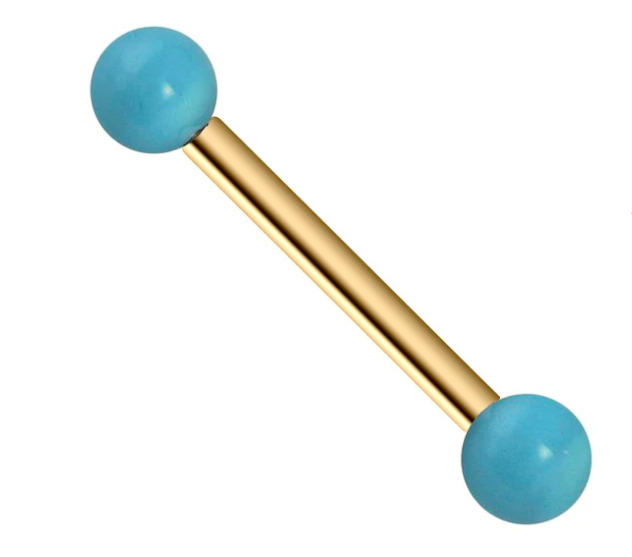 Simulated Turquoise 14K Gold Straight Barbell Nipple Tongue Ring
