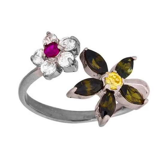 Multicolor Cubic Zirconia Flowers 14K Gold Toe Ring