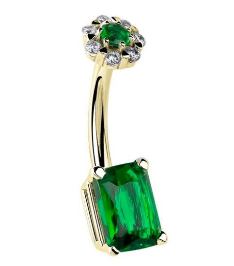 Emerald Cut Cubic Zirconia & Flower Cluster 14K Gold Belly Ring