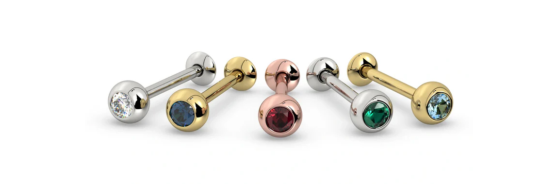 Group of 5 gemstone tongue ring barbells